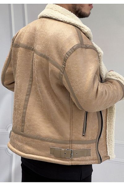 He Brand Ανδρικό δερμάτινο παλτό από κρεμ Nappa με Full Shearling Εσωτερικό παλτό Northern Model
