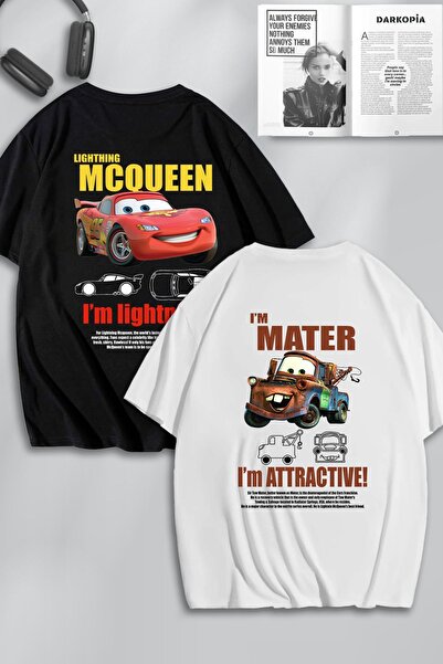 darkopia Unisex Cars Şimşek McQueen ve Mater SIRT Baskılı Arkadaş Çift Kombini Tasarım Oversize T-shirt 2li