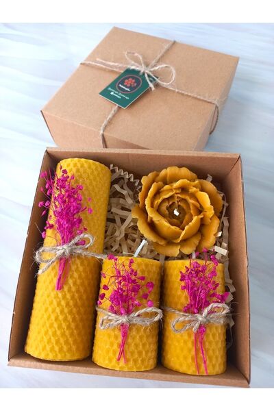 Petekoğlu Balmumu Mum Dekoratif Hediye Kutusu 4 Lü Set Doğal Petek Beeswax Candle Açmış Gül