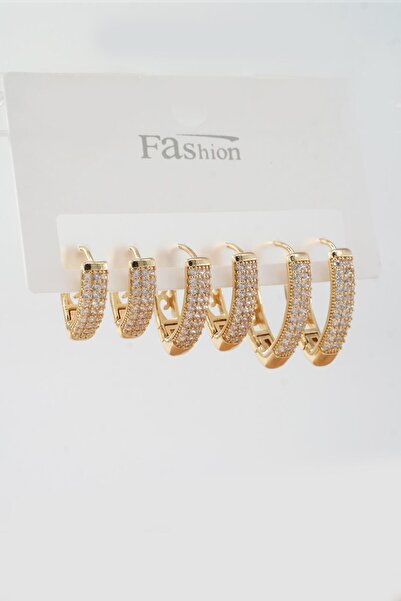 By Zeyna Aksesuar Kadın Vip Seri Zirkon Taşlı 3 Boy 6'lı Küpe Seti