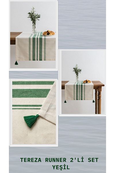 Denizli Concept Μπεζ Tereza Runner Σετ - Πράσινη ριγέ διακόσμηση επιτραπέζιων σκευών για μοντέρνα και κομψά τραπέζια
