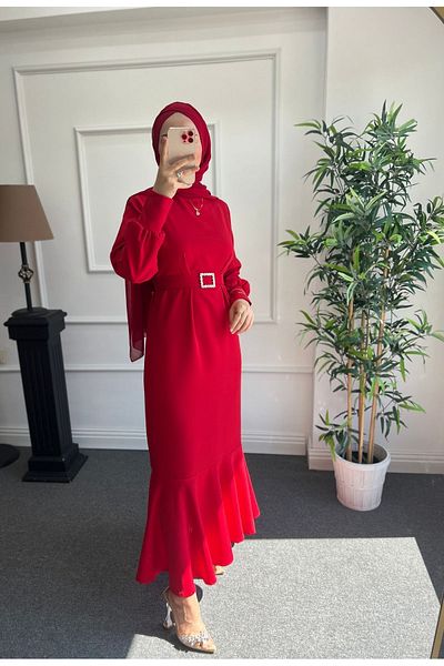 Nisa Nalbantoğlu Φόρεμα καλεσμένων με ζώνη Crepe Red Stone - Φερμουάρ στην πλάτη