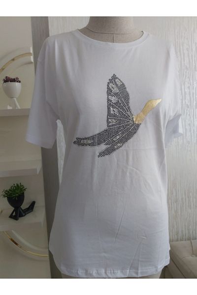 LUSSOLİFE White and Black T-Shirt with Stone Detail