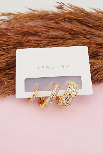 By Zeyna Aksesuar Kadın Kararmaz Altın Kaplama 3'lı Zirkon Set Küpe