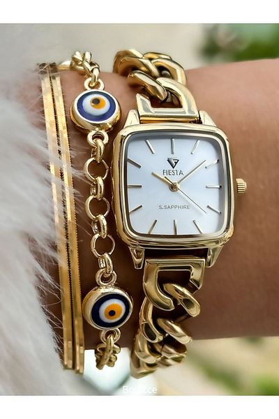 Fiesta Gold Yellow Steel Strap Bridal Engagement Wedding Small Case Wristwatch