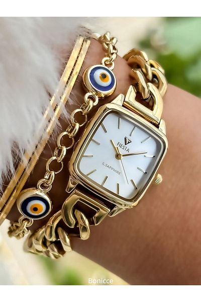 Fiesta Gold Yellow Steel Strap Bridal Engagement Wedding Small Case Wristwatch