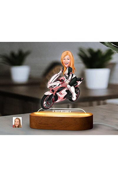 Bk Gift Kişiye Özel Motorcu Karikatürlü Dekoratif 3D Biblo LED Işıklı Gece La...