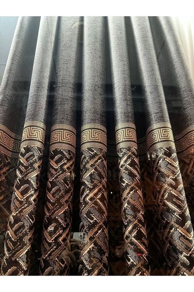 ÇOPURLAR PERDE Koyu Füme Altın Panel Işlemeli Pano Fon Perde 1e3 Sık Pile Tek...