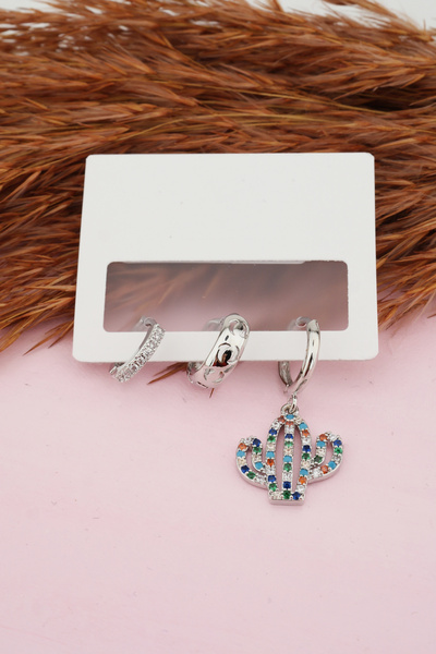 By Zeyna Aksesuar Kadın Kararmaz Altın Kaplama Kaktüs Figürlü 3'lü Zirkon Set...