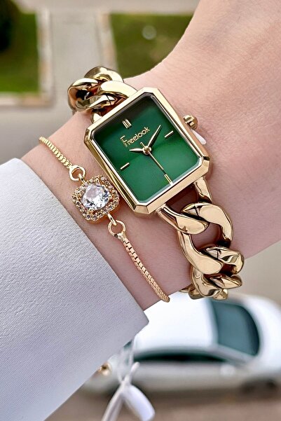 Freelook Gold Renk Zincirli Hediye Paketli 5 ATM Kadın Kol Saati ve Bileklik