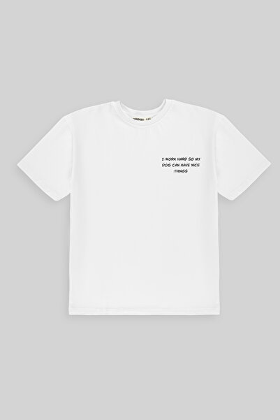 Unisex WORKING HARD Bisiklet Yaka %100 Pamuk Rahat Kalıp Kısa Kollu Basic Beyaz T-shirt
