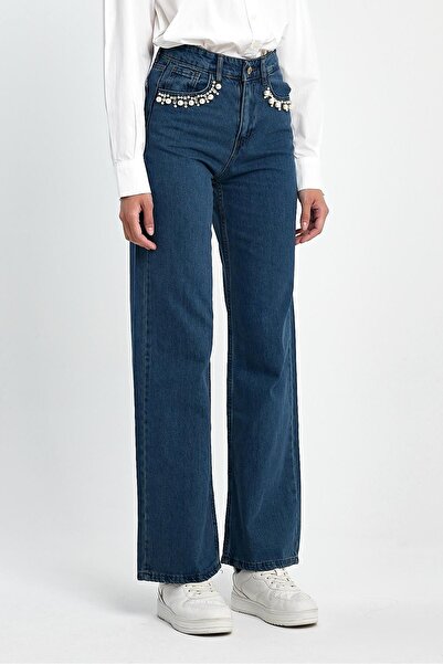 Basicpark Koyu Mavi Cep Taş Ve Inci Detaylı %100 Cotton Wide Leg Denim