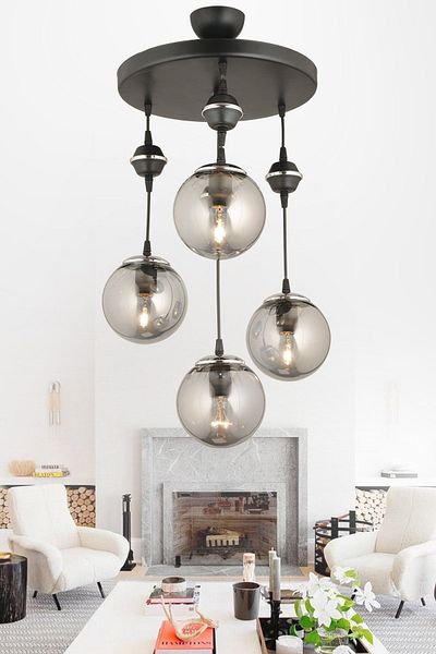 SONSUZ AYDINLATMA&AVİZE Pendant Lamp Tray Black 4-Piece Smoked Glop Top Glass Chrome Downward Facing Luxury Chandelier