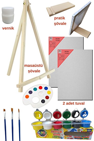 Oyun ve Sanat Masaüstü Şövaleli Resim Boya Başlangıç Seti, 2 Tuval, 6lı Boya, Palet, Vernik. (ŞÖVALYE)