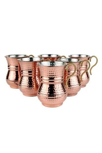 GABAALTI Copper Ayran Glass |    Buttermilk Water Glass with Hand Tattoo Handle 6 Pieces