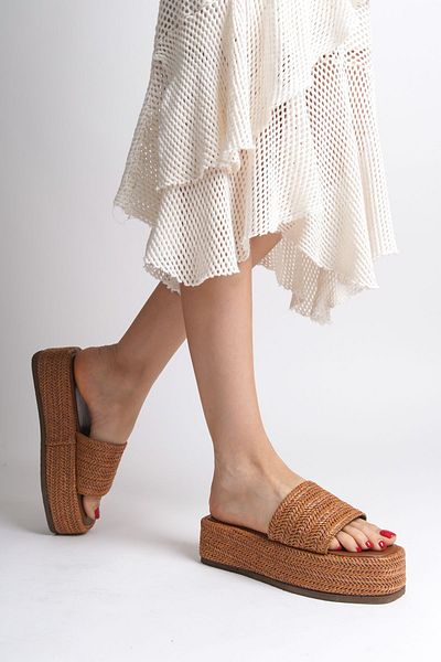 SHOEMARK Straw Women's Slippers - Zila Tan Wedge Heel