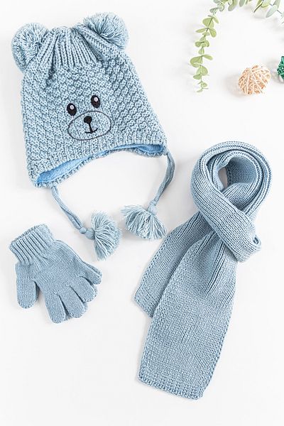 Babymod 1-4 Years Boy Scarf Beanie Gloves Set with Teddy Bear Figure