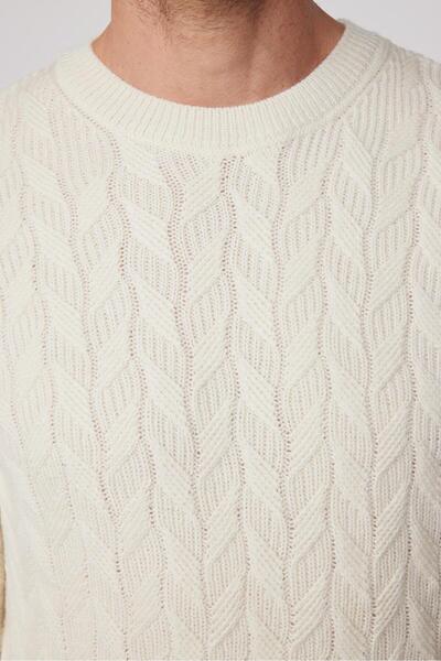 Tudors Erkek Slim Fit Bisiklet Yaka Desenli Krem Renk Triko Kazak