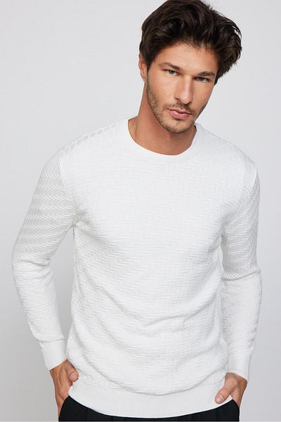 Tudors Pulover alb din tricotaje pentru bărbați, slim fit, cu decolteu rotund