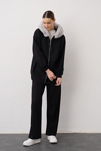 Basicpark Black Hooded Zippered Cotton Women's Top and Bottom Knitted Set