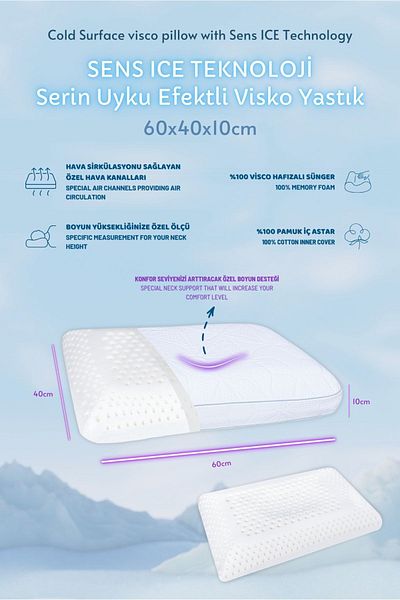 VİSCOTEX Sens Ice Technology Cool Sleeping Effect Neck Supported Visco Orthopedic Pillow Small 60X40X10 cm