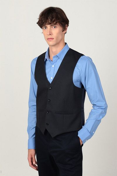 Tudors Sötétkék Slim Fit férfi mellény - dupla zsebbel, galléros