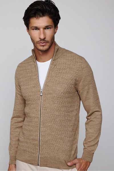 Tudors Pánsky Slim Fit vzorovaný stojačik so zipsom krémový kardigan