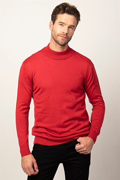 Tudors Men's Slim Fit Slim Fit Half Turtleneck Solid Red Knitwear Sweater