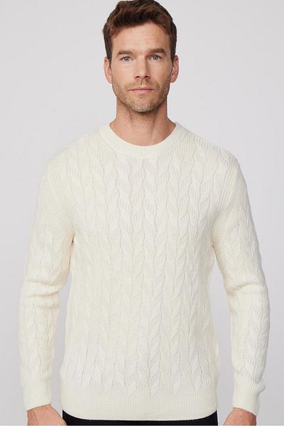 Tudors Slim Fit Crew Neck Patterned Cream Color Men's Knitwear Sweater
