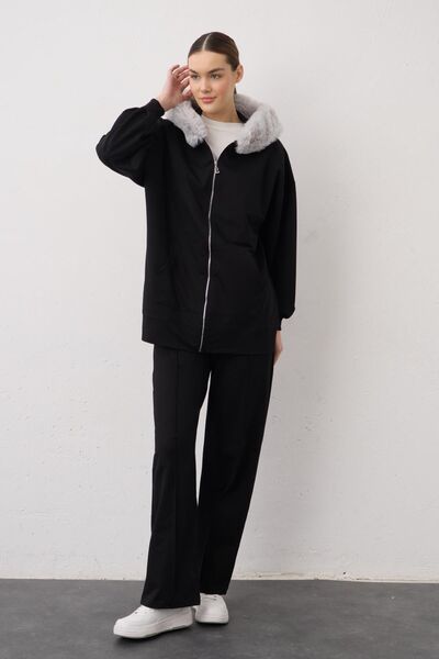 Basicpark Black Hooded Zippered Cotton Women's Top and Bottom Knitted Set