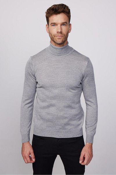 Tudors Men's Slim Fit Slim Fit Full Turtleneck Solid Wool Gray Knitwear Sweater