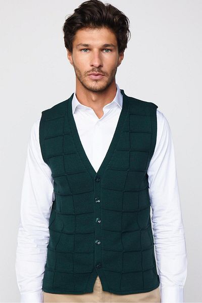Tudors Slim Fit Square Patterned Green Men's Vest