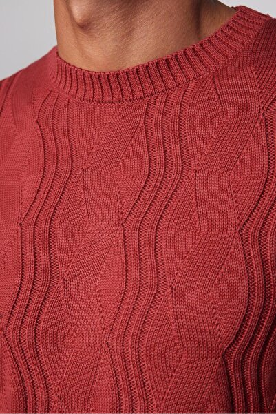 Tudors Erkek Slim Fit Dar Kesim Bisiklet Yaka Desenli Kırmızı Triko Kazak