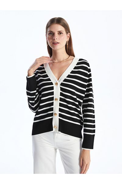 LC Waikiki Gestreifter Damen-Strickjacke mit langen Ärmeln und V-Ausschnitt