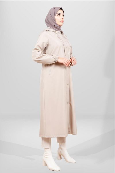 Beyza Μπεζ με κουκούλα Hijab Raincoat - Snap Button, Μοντέλο 3841