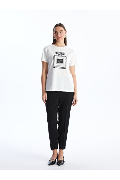 LC Waikiki Damen - Bedrucktes T-Shirt mit Rundhalsausschnitt und kurzen Ärmeln