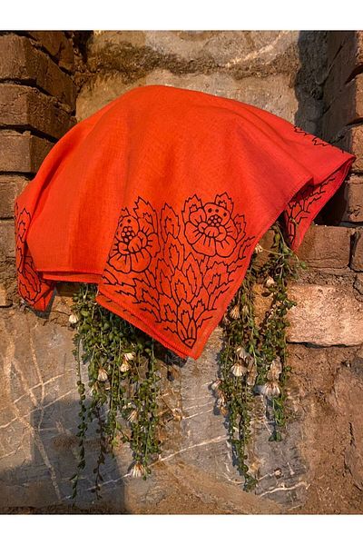 leillART Women's Red Floral Patterned Cotton Hair Bandana - Handmade