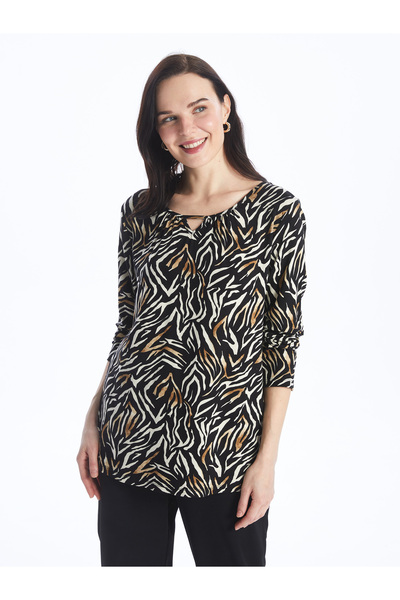 LC Waikiki Vzorované dámské tričko s dlouhým rukávem a výstřihem