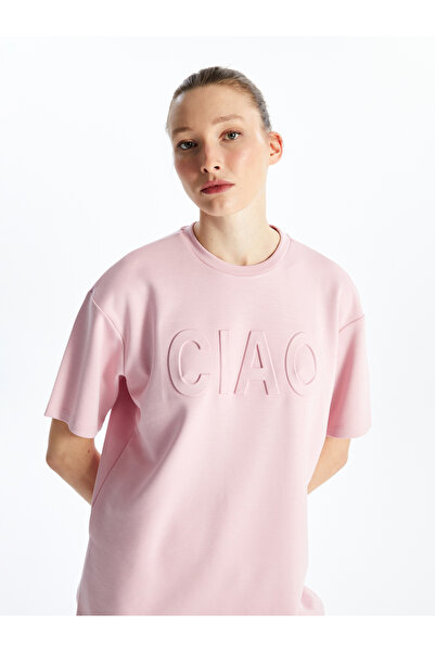 LC Waikiki Damski T-shirt oversize z krótkim rękawem i nadrukiem z okrągłym dekoltem