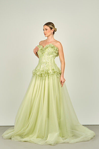 ÖMÜR INN Ömür Inn Kadın Straplez Beli Korsajlı Eteği Tül Uzun Abiye Elbise 41...