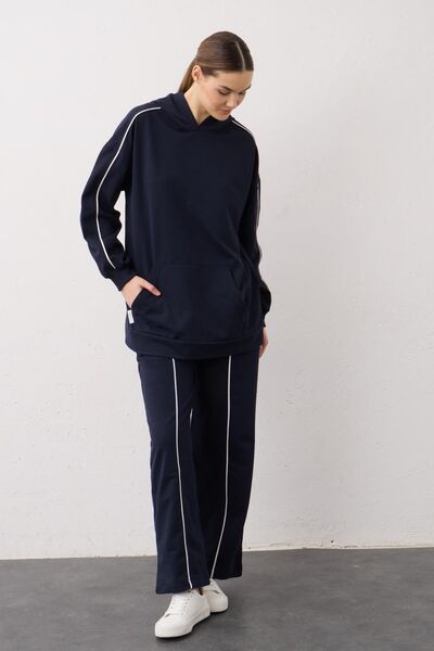 Basicpark Navy Blue Label Detailed Hooded Kangaroo Pocket Cotton Knitted Bottom and Top Set