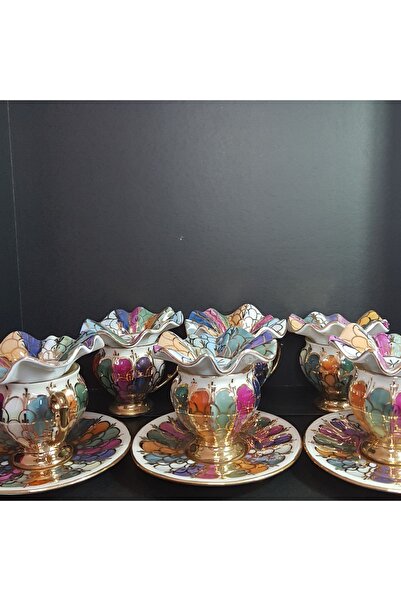 BY.RAYKA PORSELEN El Dekor Porselen El Boyaması Malina 18 Parça Kahve Seti