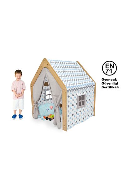 Minera Ahşap Montessori Çocuk Oyun Çadırı Evi Kızılderili / Naturel Mavi