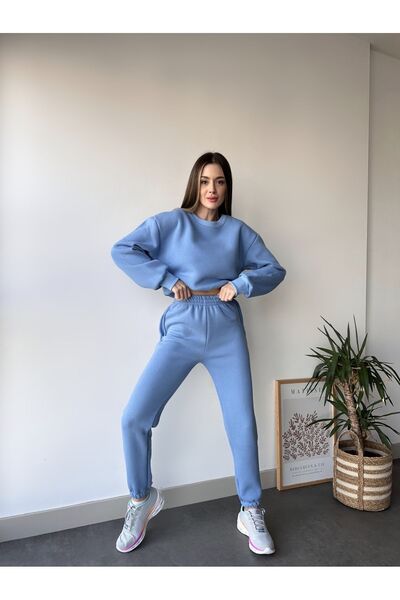 FEEL STYLE KADIN ÜÇ İPLİK BEL LASTİK CROP SIFIR YAKA EŞOFMAN TAKIMI