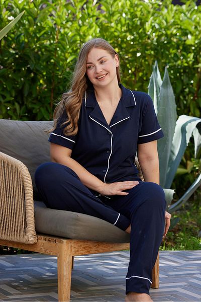 PİJAMOOD Plus Size Women's Navy Blue Short Sleeve Cotton Front Buttoned Piping Pajamas Set