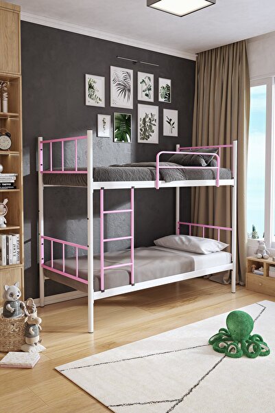 FANO Tekno Ranza 90x200 Yatak Uyumlu Açık Pembe Ayrılabilir Metal Ranza Karyola