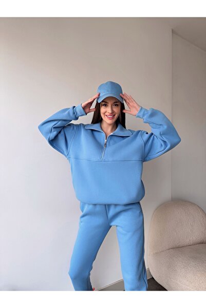 FEEL STYLE BÜYÜK BEDEN KADIN ÜÇ İPLİK YARIM FERMUAR EŞOFMAN TAKIMI MODERN KALIP FS