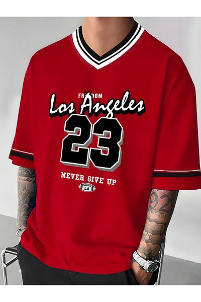 FEEL STYLE Fs Red V-Neck Las Angeles T-Shirt