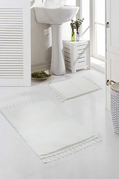 Valery Home Vl Washable Premium Pompom Fringed Non-Slip Base Post Plush Bath Mat Set of 2 Ecru