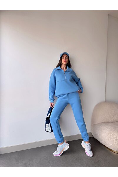 FEEL STYLE BÜYÜK BEDEN KADIN ÜÇ İPLİK YARIM FERMUAR EŞOFMAN TAKIMI MODERN KALIP FS